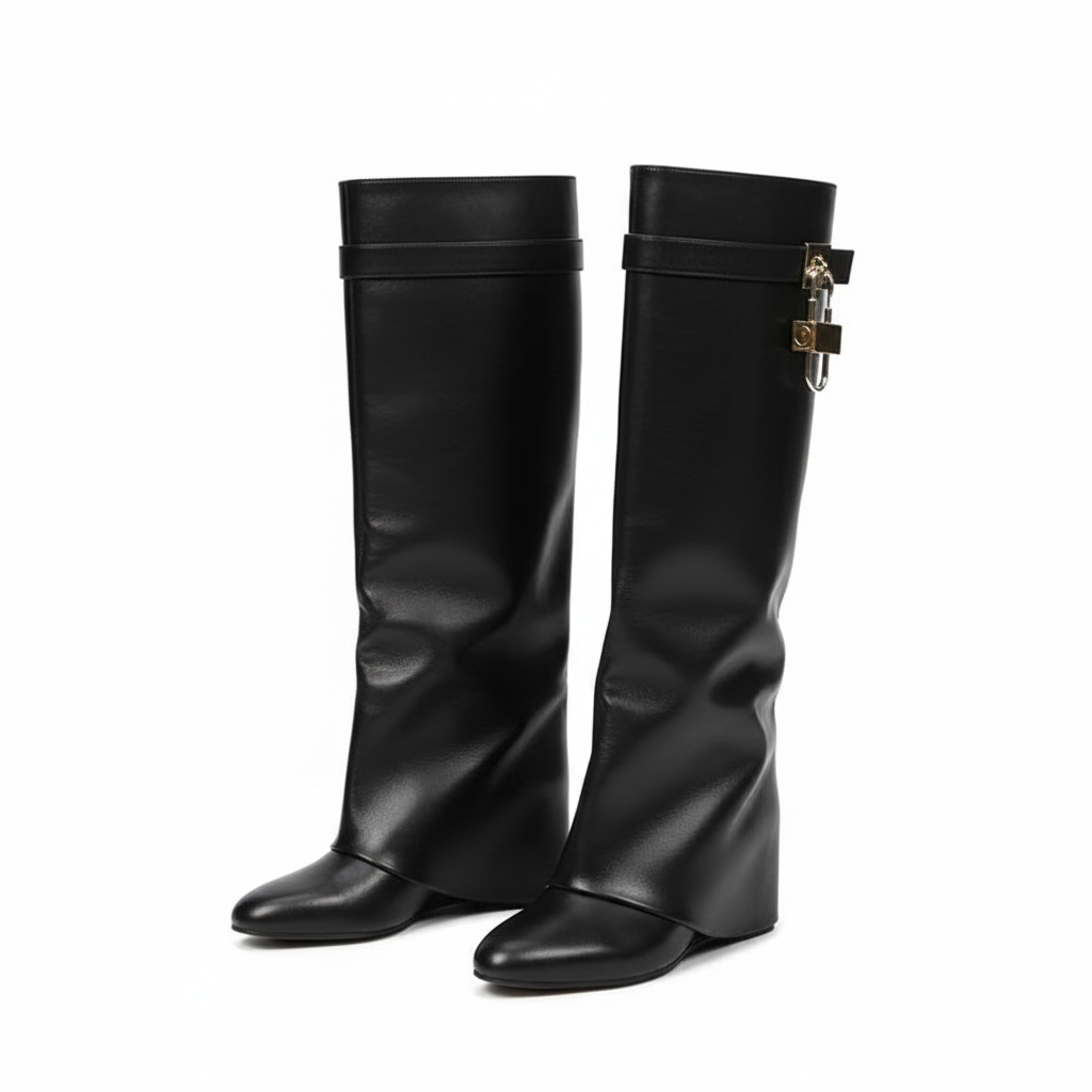 Stiefel mit verdecktem Absatz und Schloss