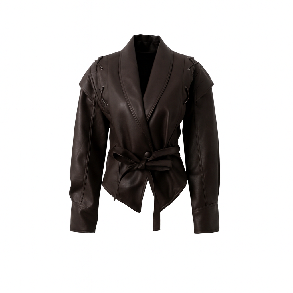 Taillierte Kunstlederjacke mit Bindegürtel